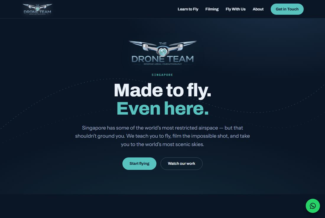 The Drone Team website hero: aerial cinematography brand with dark night-sky design